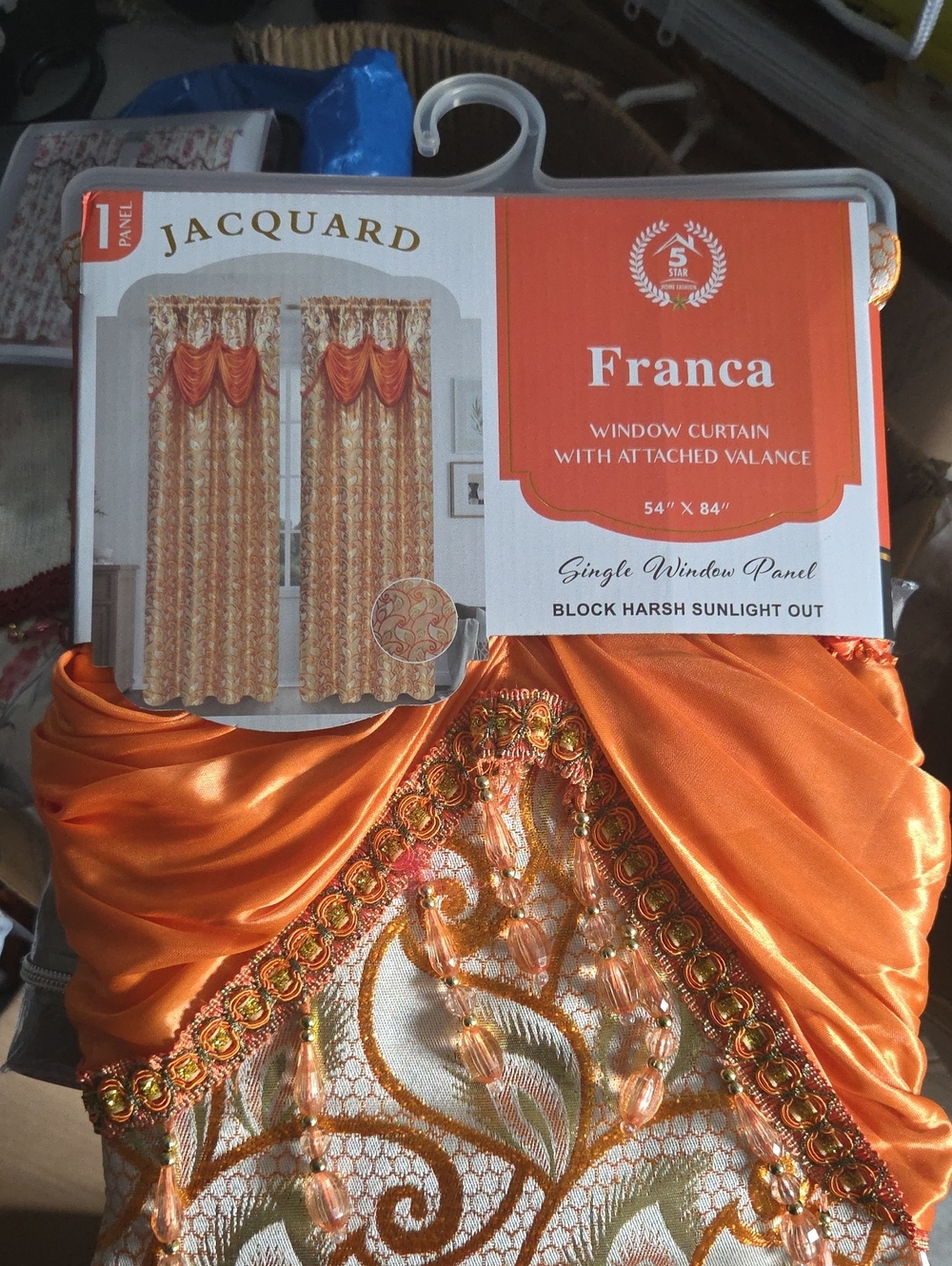 Franca Orange Jacquard Window Curtain with Attached Valance